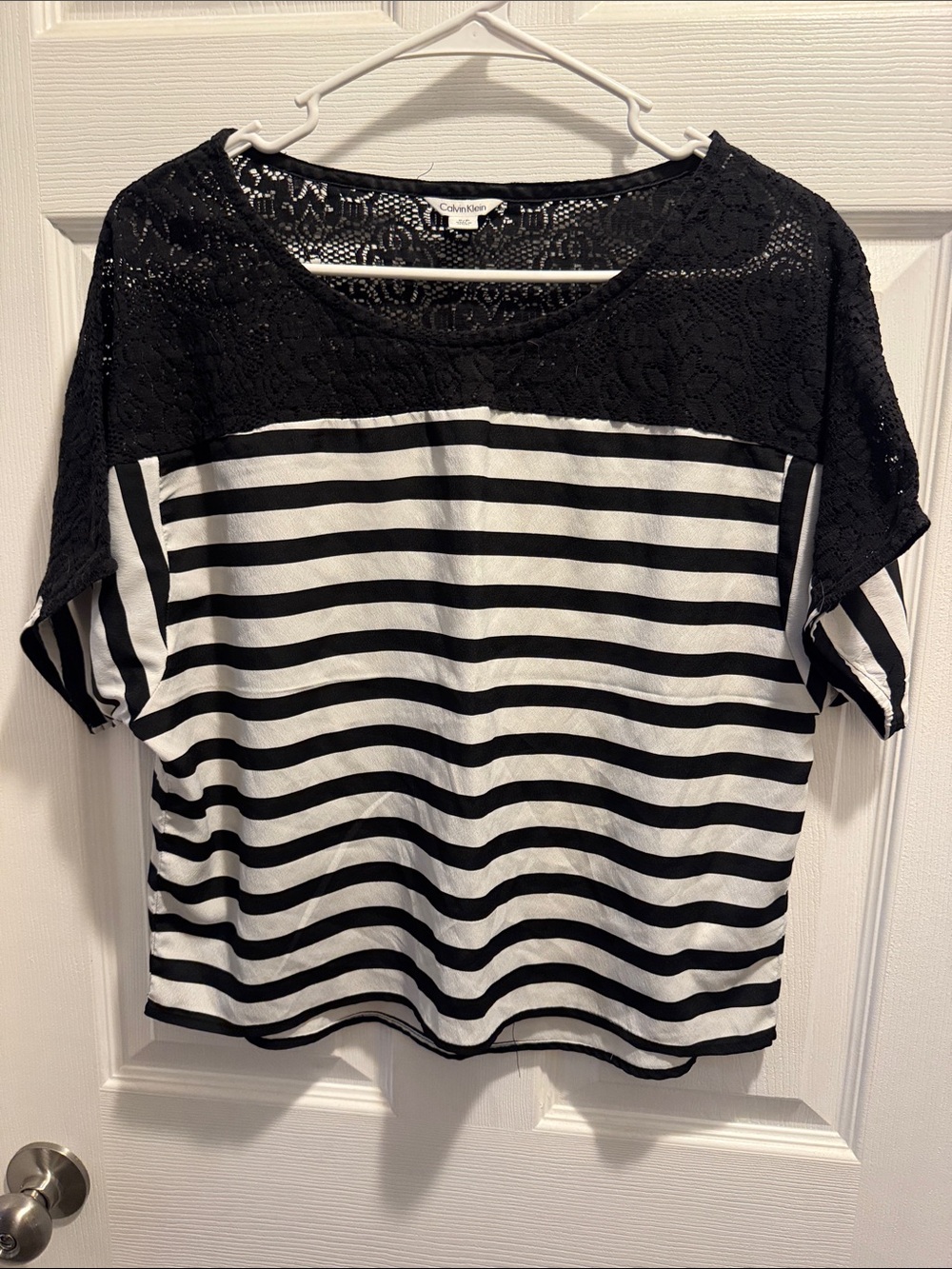 Calvin Klein Black and White Striped Top with Lace Yoke